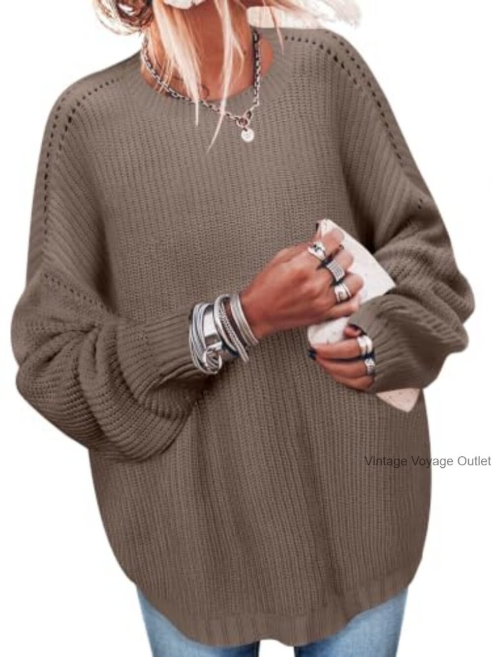 Oversized Ribbed Knit Pullover Sweater Tunic Top Crewneck